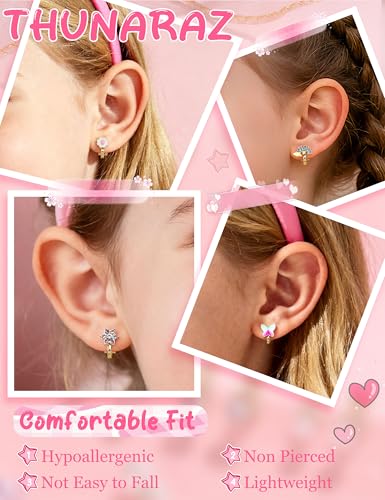 THUNARAZ 10Pairs Clip On Earrings for Women Lightweight Non Pierced Set | Hypoallergenic Gold Stud Earrings,Fake Earrings Set,Cute Pearl CZ Flower Cat Heart,Secure Clip Fit,Extra Soft Silicone Pads - style: goldB