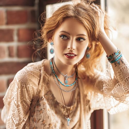 Ecally Bohemian Western Jewelry Turquoise Set Women Country Pendant Long Choker Layered Bracelets Earrings Ring for Women - color: Turquoise, style: Delicate