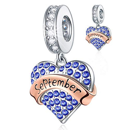 EMOSTAR Jan-Dec Birthstone Charms fits European Birthday Bracelet, Dangle 925 Sterling Silver Heart Shaped Pendant with 12 Months Birthstones, Gifts for Mom/Women - color: September Birthstone