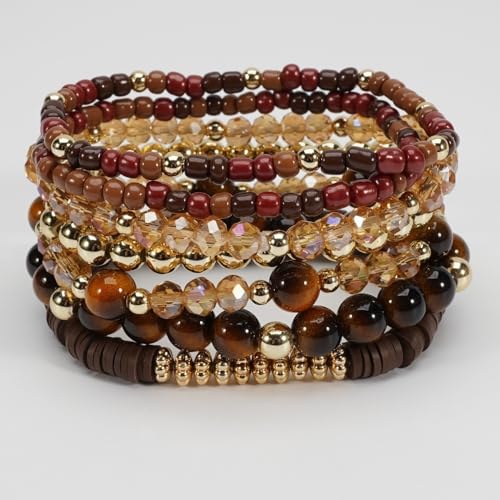 7Pcs Bohemia Multilayer Stackable Crystal Beaded Bracelet Set Multicolor Surfer Heishi Clay Gold Beaded Friendship Stretch Bracelets for Women Men Summer Beach Boho Vacation Jewelry Gifts - color: Brown