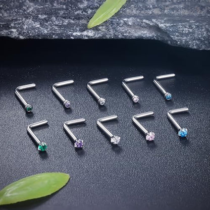 ASTM F136 Titanium Nose Rings 18G 20G 22G Jeweled Mix Color CZ Nose Studs Ring Screw L-Shaped Bone Hypoallergenic Nostril Body Piercing Jewelry for Women 1.5mm 2mm 2.5mm 3mm 10PCS - style: L-Shaped:18G(1.0mm)-1.5mm CZ