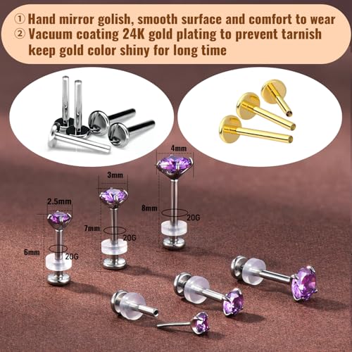 20G Flat Back Earrings Studs 18G Nose Rings 24K Gold Plating 3 Pairs Titanium Threadless 16G Cartilage Earrings for Women Men Tragus Conch Helix Medusa Lip Piercing Jewelry - color: polish purple cz, size: 20G