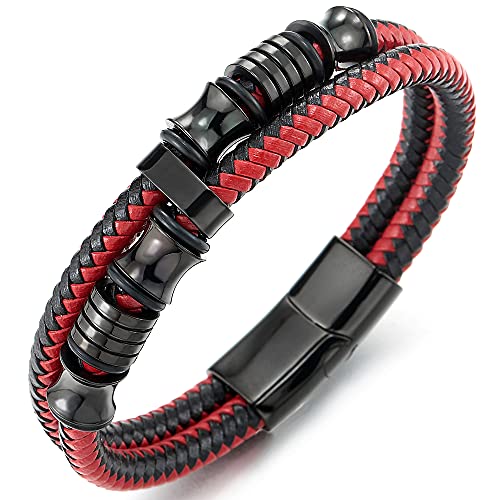 COOLSTEELANDBEYOND Mens Double-Row Braided Leather Bracelet Bangle Wristband with Black Stainless Steel Ornaments - color: F-Black Red