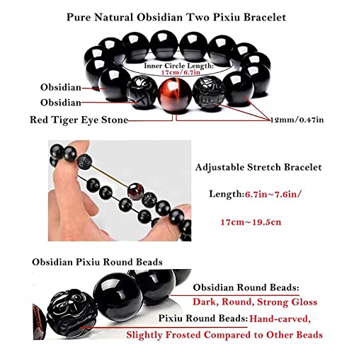 Black Obsidian Bracelet,Feng Shui Black Obsidian Wealth Bracelet for Women Men Couples Handmade Stretch Obsidian Bracelet Bangle with Carved Pixiu Tiger Eye Stone Attract Wealth Money and Good Luck - color: B,12mm,Red Tiger Eye