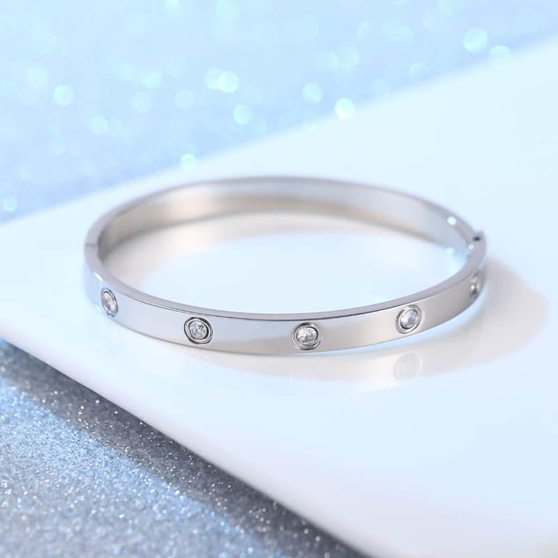 Friendship Love Bracelet for Women, 18K Gold Plated Titanium Steel Cuff - color: Silver, size: Zircon 6.5''