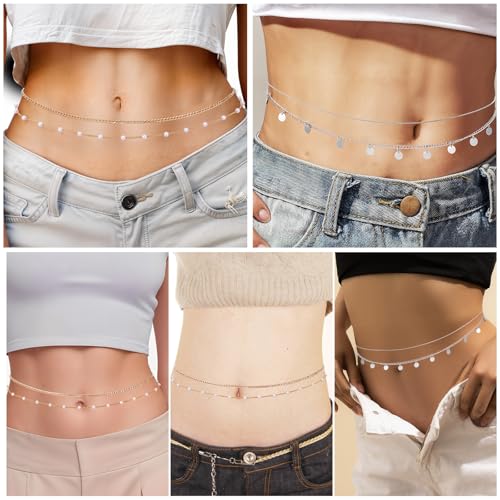 Plated Waist Chain Jewelry for Women, 4pcs Layered Belly Chain with Satellite Beads, Non Tarnish Body Chains, Adjustable Waterproof Sexy Bikini Beach Accessories Pearl Belts, 2 Silver & 2 Gold
