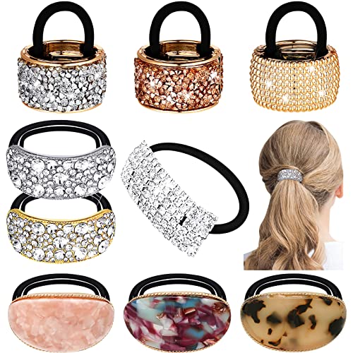 9 Pack Ponytail Hair Cuff Metal Rhinestone Decorative Fancy Ponytail Holder for Women Gold Elastic Glitter Hair Tie Wrap Cuff Tortoise Shell Ring Holder Mother's Day Gift(Elegant Style) - color: Elegant Style