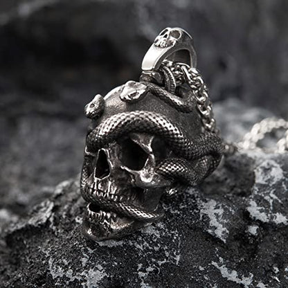 Skull Necklace for Men Stainless Steel Gothic Punk Emo Biker Necklace Jewelry for Men 60cm - style: Snake Skull