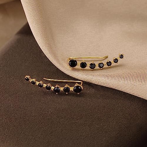 Reffeer Solid 925 Sterling Silver 7 Crystals Cuff Earrings Climber for Women Crawler Earrings Wraps - color: D-Yellow-Black CZ