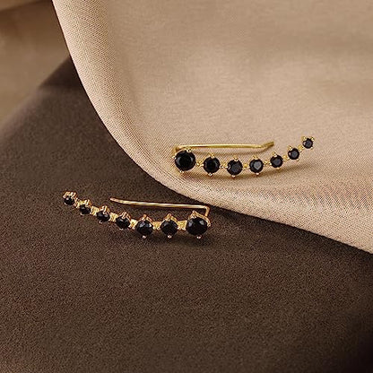 Reffeer Solid 925 Sterling Silver 7 Crystals Cuff Earrings Climber for Women Crawler Earrings Wraps - color: D-Yellow-Black CZ
