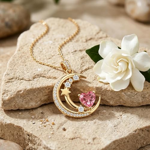 Midari 18K Gold Moon Star Necklace Moon Star Pendant Necklace with 12 Months Birthstones Moons Jewelry Gifts for Women Mom Her - color: 10-October