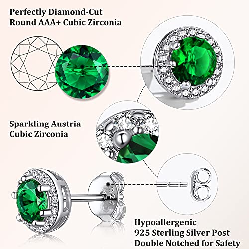 Bestyle Sparkling 925 Sterling Silver Birthstone Stud Earrings for Women, Heart/Round/Teardrop/Square Solitaire Diamond Studs Earrings, Great Birthday/Christmas Gifts - style: 05.Green Emerald-May-round