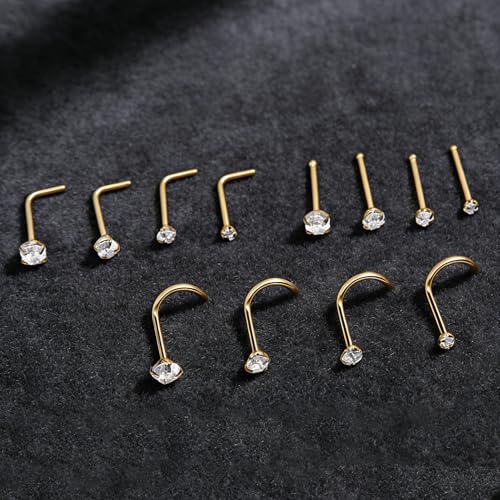 davka 20G L Shape Nose Studs 6PCS, 7mm Bar 3mm CZ Stainless Steel Nose Rings for Nostril Piercing, Small Snug Fit Nose Stud Jewelry for Daily Wear Work Sleep Women Men - color: 20G Mixed Shape Gold Nose Stud