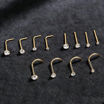 davka 20G L Shape Nose Studs 6PCS, 7mm Bar 3mm CZ Stainless Steel Nose Rings for Nostril Piercing, Small Snug Fit Nose Stud Jewelry for Daily Wear Work Sleep Women Men - color: 20G Mixed Shape Gold Nose Stud