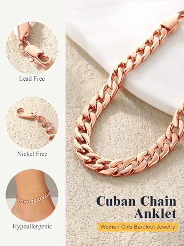 U7 Ankle Bracelets for Women Stainless Steel Waterproof Tarnish Resistant | 18K Gold Plated/Silver/Rose Gold Anklets, Cuban Chain Anklet Bracelets, Perfect for Summer Beach and Vacation Outfits - color: Rose Gold Plated-7mm-Cuban Chain