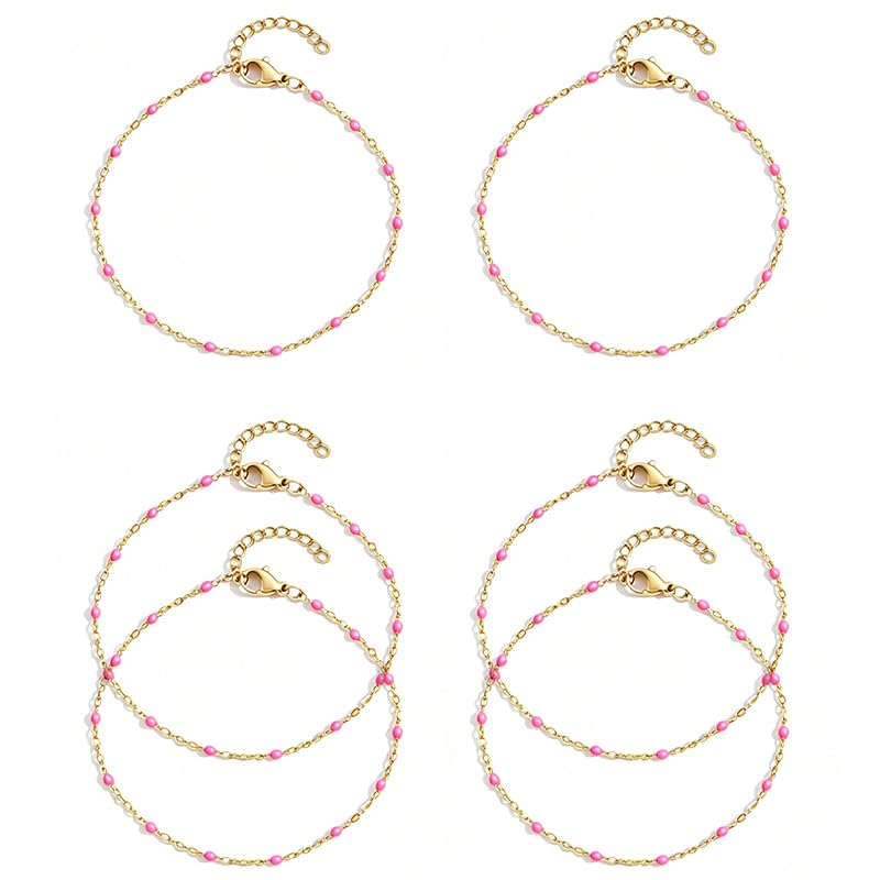 6 PCS Enamel Beaded Chains Bracelet Stainless Steel Link Bracelets | 6.7"+1.18", With Extender Chain, Fashion Jewelry Set, Gift For Women, Colorful, No Fade - color: Rose Gold