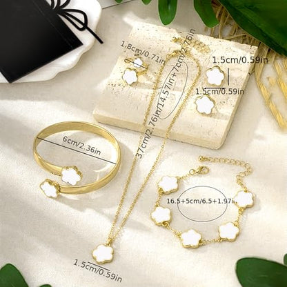 Lucky Flower Alloy Jewelry, Lucky Flower Design Necklace Earrings Bracelet Bangle Ring Jewelry Set, Clover Gold Plated Chain Wrap Ornament & Plush Pouch for Women - color: White