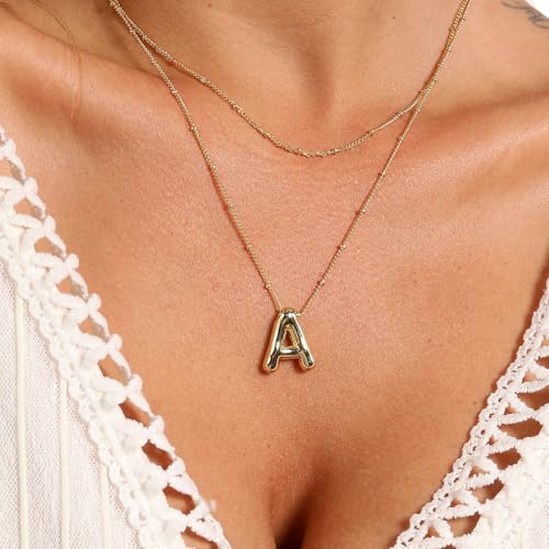 stino 4PCs Bubble Initial Letter Necklace Set, No Tarnish 14K Gold Plated Alphabet Pendant, Jewelry for Women - style: M