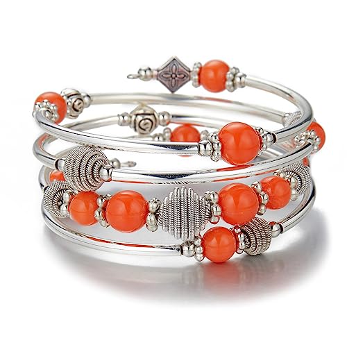 PEARL&CLUB Beaded Chakra Bangle Turquoise Bracelet - Fashion Jewelry Wrap Bracelet with Thick Silver Metal and Mala Beads, Birthday Gifts For Women - color: Orange