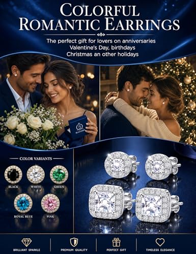 2 Pairs S925 Sterling Silver Stud Earrings for Women Halo Cubic Zirconia | 14K Gold Plated Hypoallergenic Non Tarnish Round Square Silver Stud Earring for Women Men Dainty Trendy Jewelry - style: Silver-Larger Stone