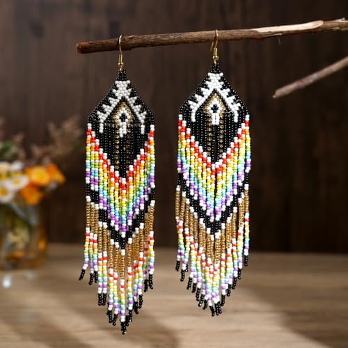 Bohemian Tassel Colorful Beaded Earrings For Women Trendy, Long Fringe Feather Drop Jewelry Handmade Gifts. - color: color7