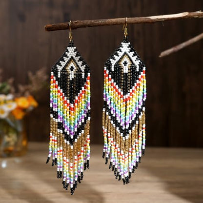 Bohemian Tassel Colorful Beaded Earrings For Women Trendy, Long Fringe Feather Drop Jewelry Handmade Gifts. - color: color7