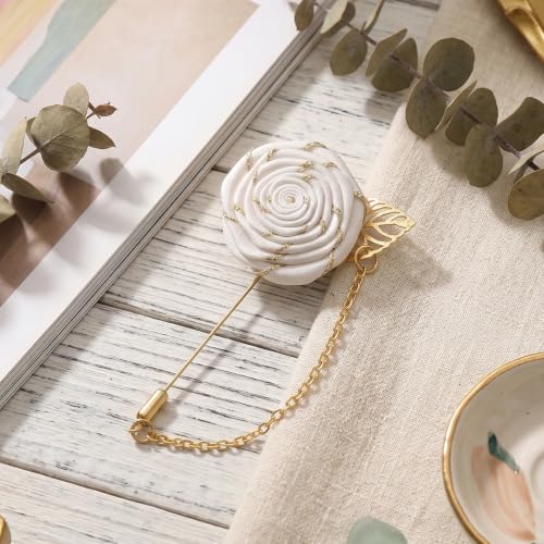 1 Pcs Gold Lapel Pin for Men, White Flower Brooch Pin for Men, Zinc Alloy Wedding Lapel Pin with Metal Chain for Suits Tuxedo Groom Accessories (Ivory White)