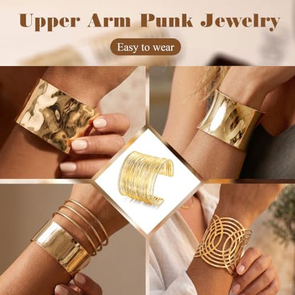 4PCS Chunky Cuff Bracelets Set for Women Hammered Chunky Bracelets Adjustable Open Wide Wire Bracelets Irregular Minimalist Coil Bangle Set Gold Silver Upper Arm Punk Jewelry - color: Gold C