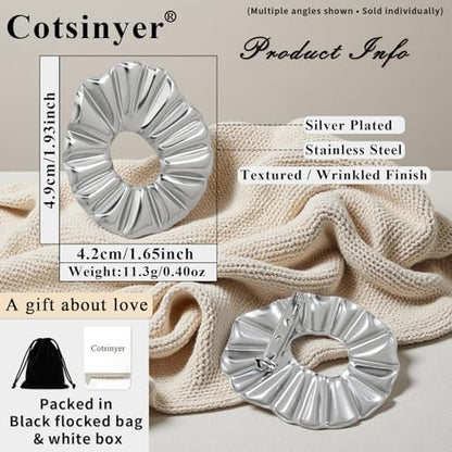 Stainless Steel Brooch Pin for Women & Men,Lapel Pin | Minimalist Statement Elegant Geometric, Sweaters Coat Suit Shawl Collar Shirt Coat Jacket Hat Dress Swim, Velvet Bag & Box - style: Pleated-Silver