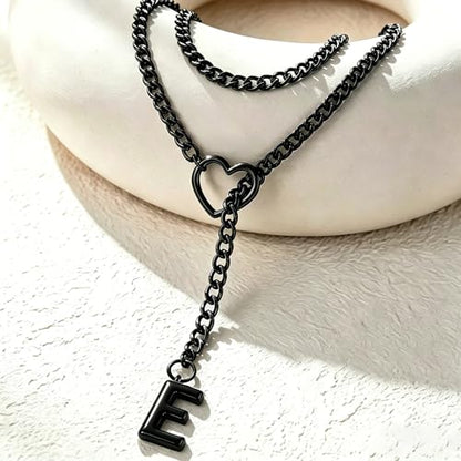 Black Heart Slip Chain Initial Necklaces for Women, Stainless Steel Wrap Choker Necklace, Gothic O-Ring Adjustable Lariat Y Necklaces, Punk Cuban Collar Choker Necklace, Halloween Jewelry Gift - color: Black E