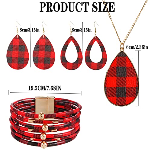 4 Pieces Faux Leather Earrings Necklace Bracelet Set 4 Pieces Christmas Plaid Stripe Jewelry Set Multi-Layer Leather Bracelet, Dangle Leather Earrings Necklace Glitter Jewelry Set for Women - color: black and red