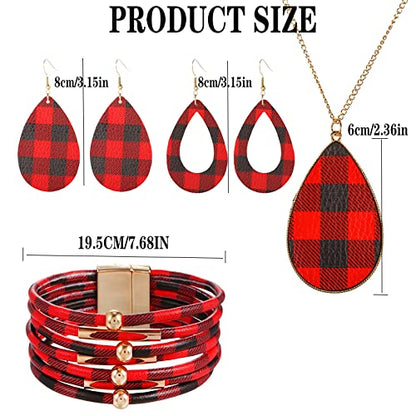 4 Pieces Faux Leather Earrings Necklace Bracelet Set 4 Pieces Christmas Plaid Stripe Jewelry Set Multi-Layer Leather Bracelet, Dangle Leather Earrings Necklace Glitter Jewelry Set for Women - color: black and red