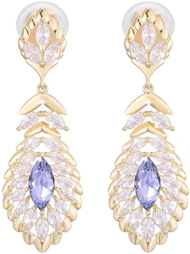 Clip On Crystal Dangle Non Pierced Earrings for Women 14K Gold Plated Jewelry - color: Jun-Lavender-14K Gold