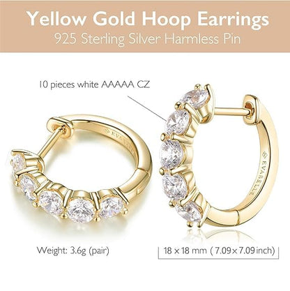 Evabelle Gold Hoop Earrings for Women 14K Real Gold Plated Cubic Zirconia Diamond Hoop Earrings Huggie Hoop Earring Women Earrings Earring for Men 925 Sterling Silver Post Hypoallergenic - color: 14K Gold Plated