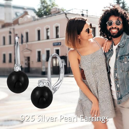 TIGER RIDER Pearl Earrings 925 Sterling Silver Leverback Hypoallergenic Drop Earring Jewelry for Women Birthday Gifts - style: Black Onyx