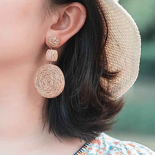 Statement Raffia Boho Round Dangle Ball Earrings - Cute Handmade Summer Bohemian Dangling Jewelry for Women - color: Wheat