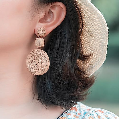 Statement Raffia Boho Round Dangle Ball Earrings - Cute Handmade Summer Bohemian Dangling Jewelry for Women - color: Wheat