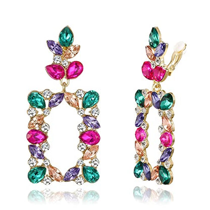 Clip-on Dangle Earring Earrings Art Deco Sparkly Rhinestone Marquise Teardrop Rectangle Geometric Statement for Women - color: Multicolor Gold-Toned
