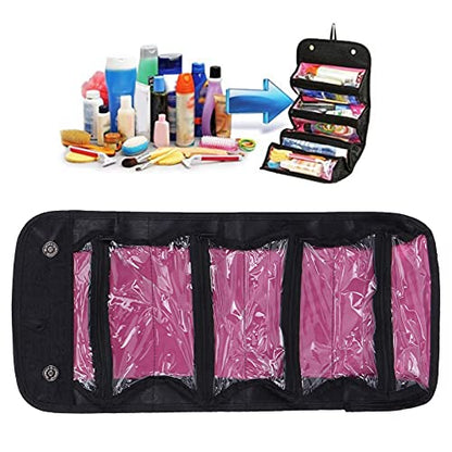 2PCS Roll up Makeup Bag, 4 in 1 Cosmetic Bag Foldable Makeup Bag Clear Makeup Organizer Bag Hanging Toiletry Bag for Women Men (Black) - color: Black