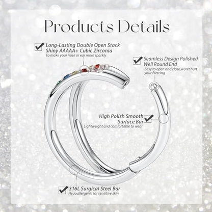 GAGABODY Conch Piercing Double Open Stack with CZ 16 Gauge Hoop Earrings 18g Septum Jewelry 20g Septum Ring Daith Earrings 316L Surgical Steel Lip Rings Helix Rook Cartilage Earrings Hoop - color: Style13:Silver+Double Hoop Rainbow CZ