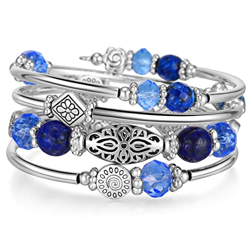 FULU AUTUMN Stackable Beaded Bracelets for Women Boho Wrap Silver Bracelet Layered Fashion Jewelry Gifts for Her - color: Sapphire