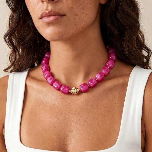 Beaded Necklaces for Women Boho Chunky Necklace Statement Big Resin Bead Choker Fashion Summer Beach Jewelry - color: Rose Red