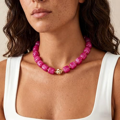 Beaded Necklaces for Women Boho Chunky Necklace Statement Big Resin Bead Choker Fashion Summer Beach Jewelry - color: Rose Red