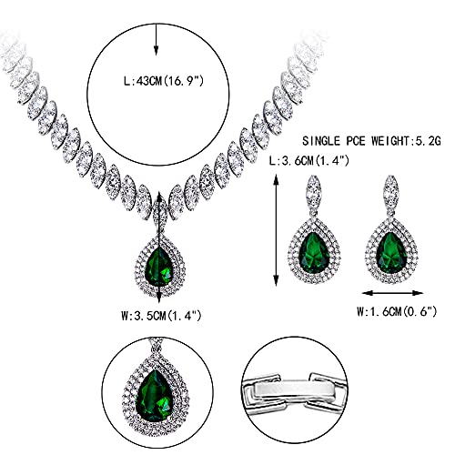 EVER FAITH CZ Marquise Leaf Teardrop Wedding Prom Jewelry Set for Women | Birthstone Pendant Necklace Dangle Earrings - color: Green