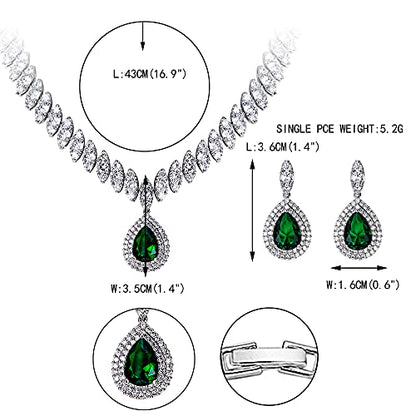 EVER FAITH CZ Marquise Leaf Teardrop Wedding Prom Jewelry Set for Women | Birthstone Pendant Necklace Dangle Earrings - color: Green