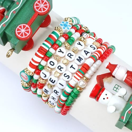 Ardorchid Halloween Bracelets for Women Pumpkin Ghost Steleton Bat Skull Beaded Stackable Stretchy Bracelet Rugby Thanksgiving Christmas Heishi Bracelets - color: Christmas Bracelets-4