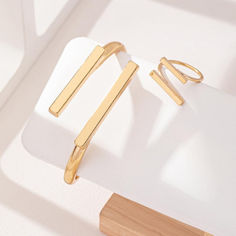 Chunky Gold Bracelet and Ring Jewelry Set,Thick Bracelets Stack Statement Rings Set Non Tarnish Chunky Bangles Jewelry Gits for Women - color: Gold
