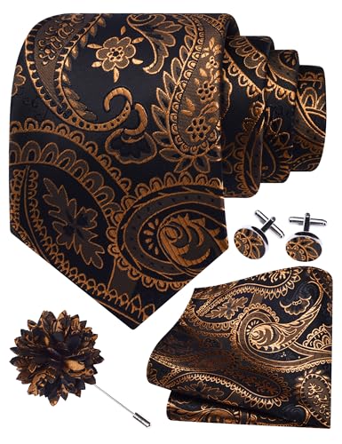 GUSLESON Paisley Tie Set for Men 3.15" Necktie Lapel Pin Hankerchief Cufflinks Set for Men - color: Black Gold