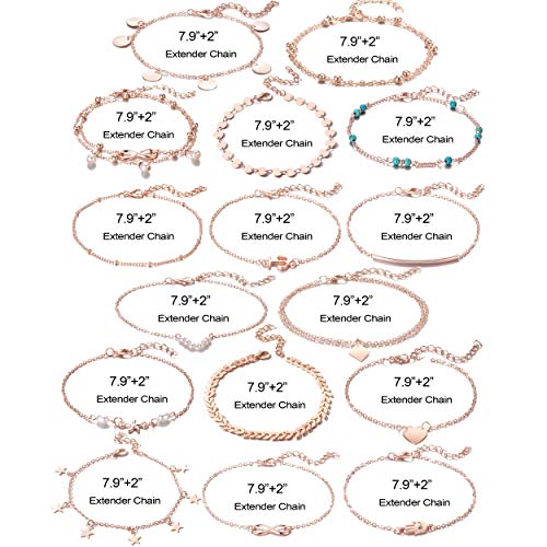 Softones 16Pcs Ankle Bracelets for Women Gold Silver Two Style Chain Beach Anklet Bracelet Jewelry Anklet Set,Adjustable Size - color: D:Rose Gold