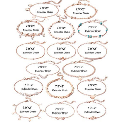 Softones 16Pcs Ankle Bracelets for Women Gold Silver Two Style Chain Beach Anklet Bracelet Jewelry Anklet Set,Adjustable Size - color: D:Rose Gold